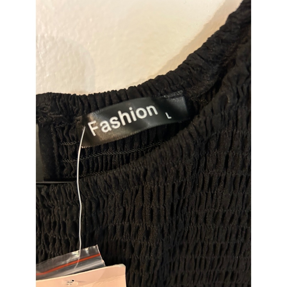 Fashion Womens Black Smocked Tiered Midi Dress Long Sleeve Textured Large NEW - Picture 2 of 15